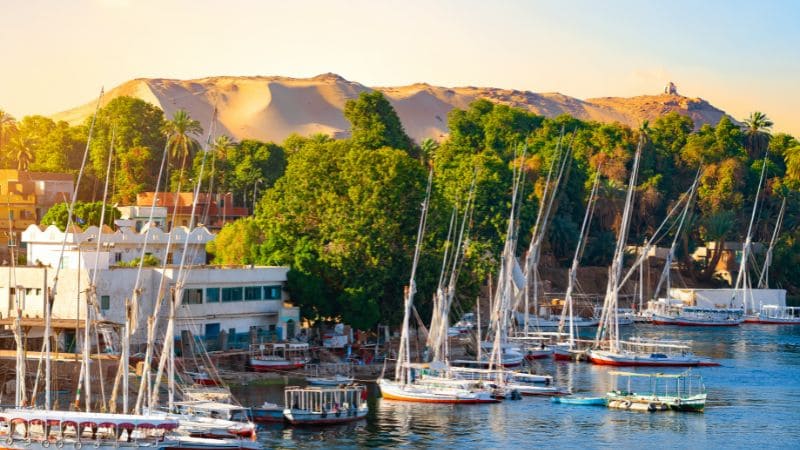 Sailboats moored in the Nile River with a mountain backdrop.