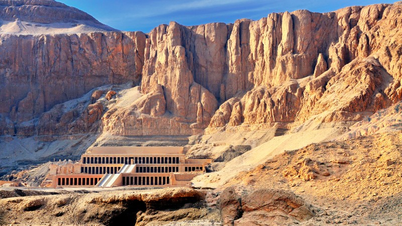 "The Mortuary Temple of Hatshepsut nestled in the cliffs of Deir el-Bahari."