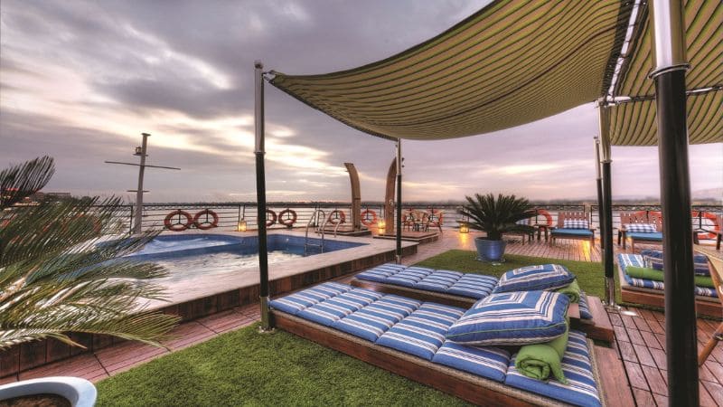 Deck with a pool on a Nile River cruise ship.