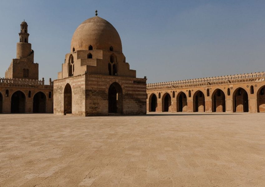 Panoramic view of Ibn Tulun Mosque with its distinctive minaret and vast courtyard