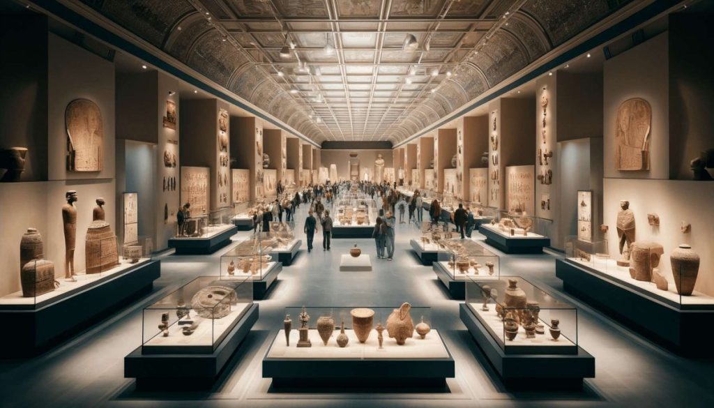 A wide-angle view of a museum gallery displaying ancient Egyptian artifacts, including statues and pottery, beautifully illuminated under a soft, golden light.