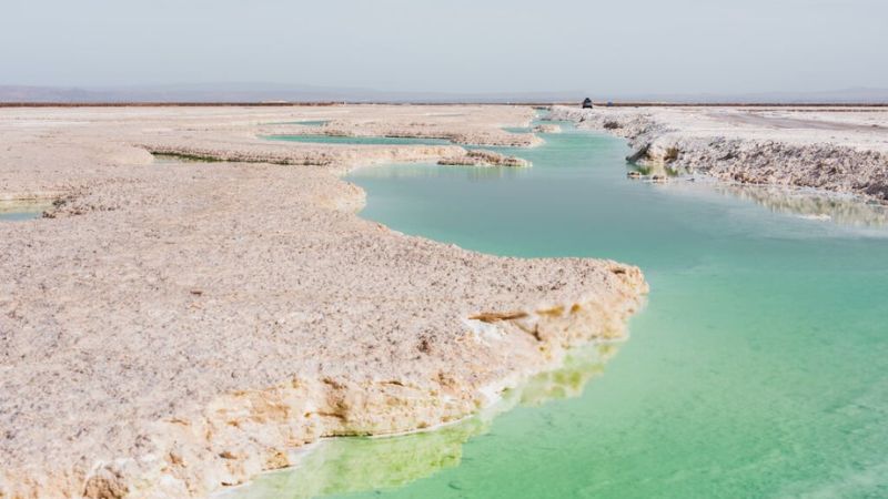 Winding emerald-green salt lake in a desert landscape