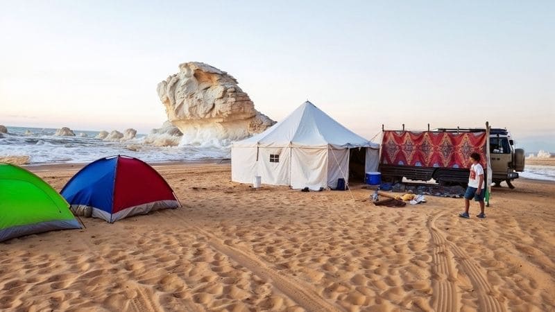 A camping tent with a fire pit in Egypt’s White Desert surrounded by surreal landscapes