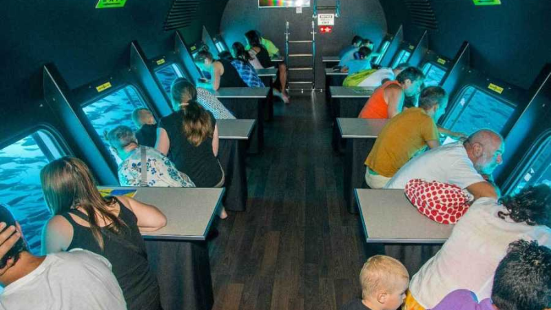 Passengers inside a semi-submersible tourist boat with underwater windows.